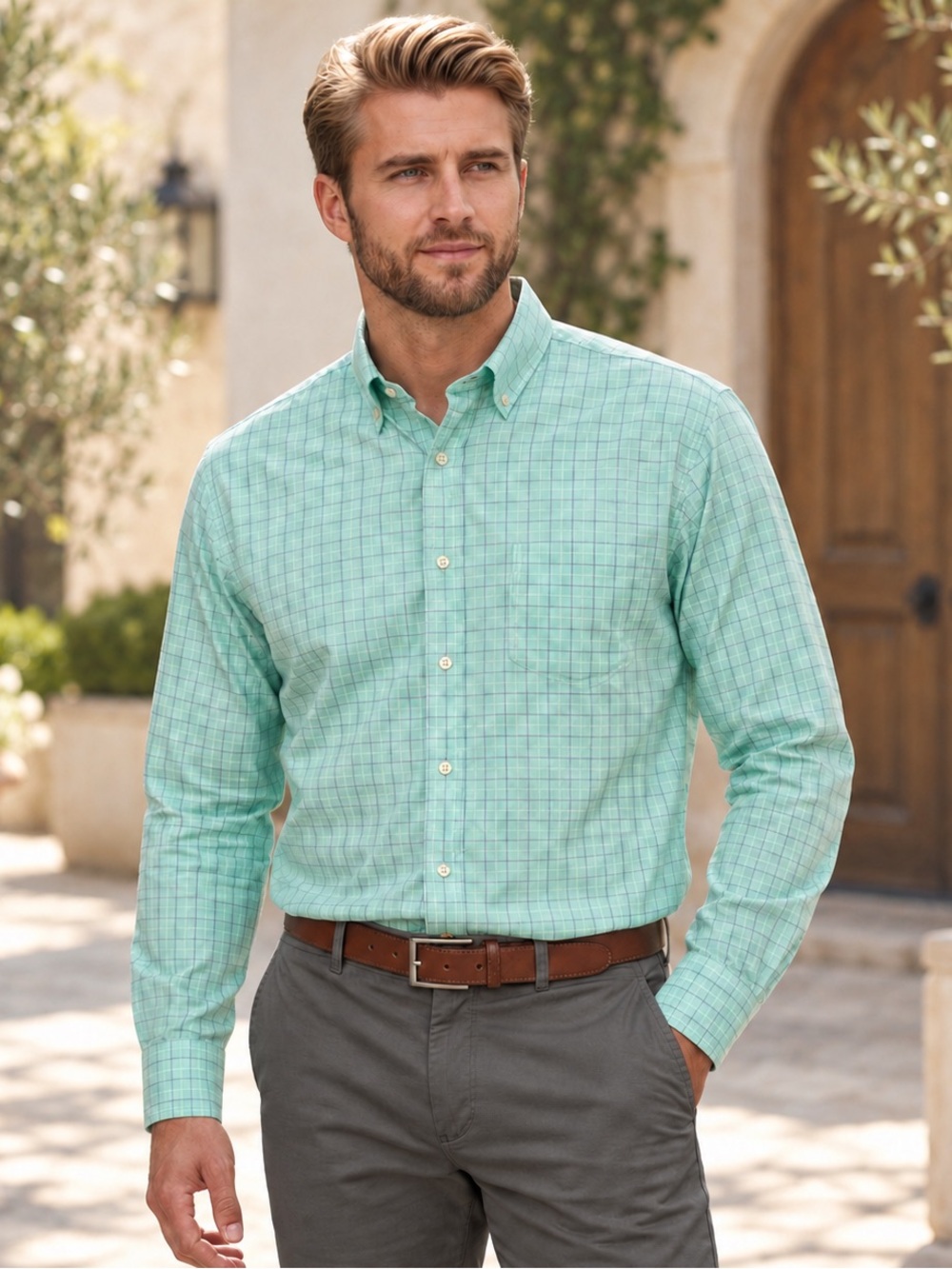 Peter Millar Summer Comfort Button Down Shirt XL Mint Blue Check Stretch